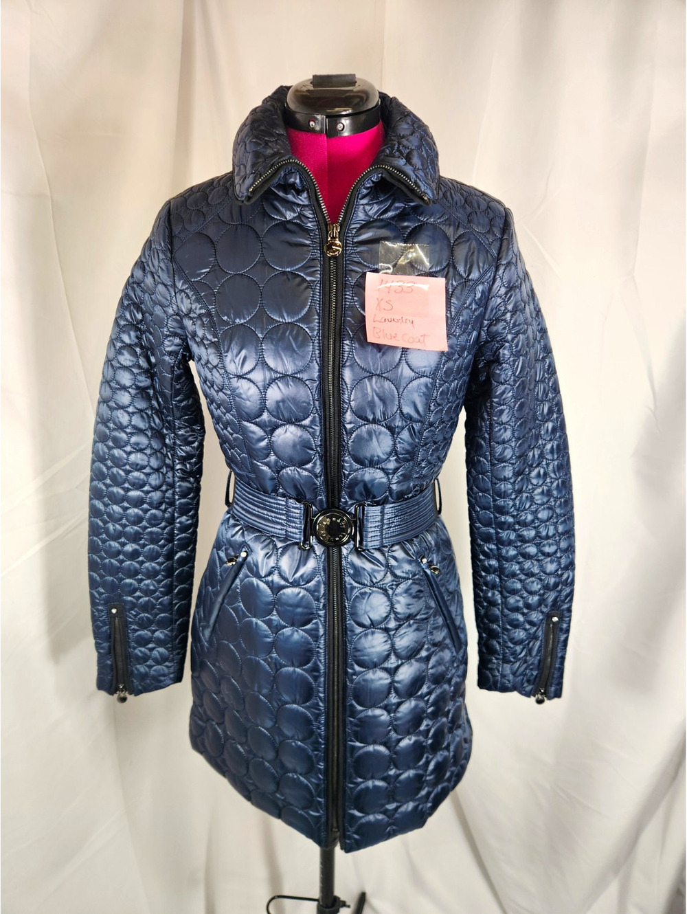 Laundry by Shelli Segal Circle Quilted Belted Coat Navy Blue XS New Without Tags
